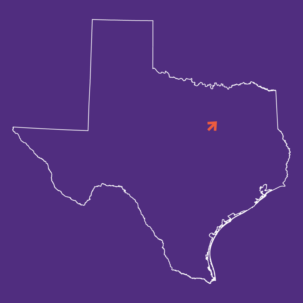 map of Texas with arrow pointing at Waxahachie